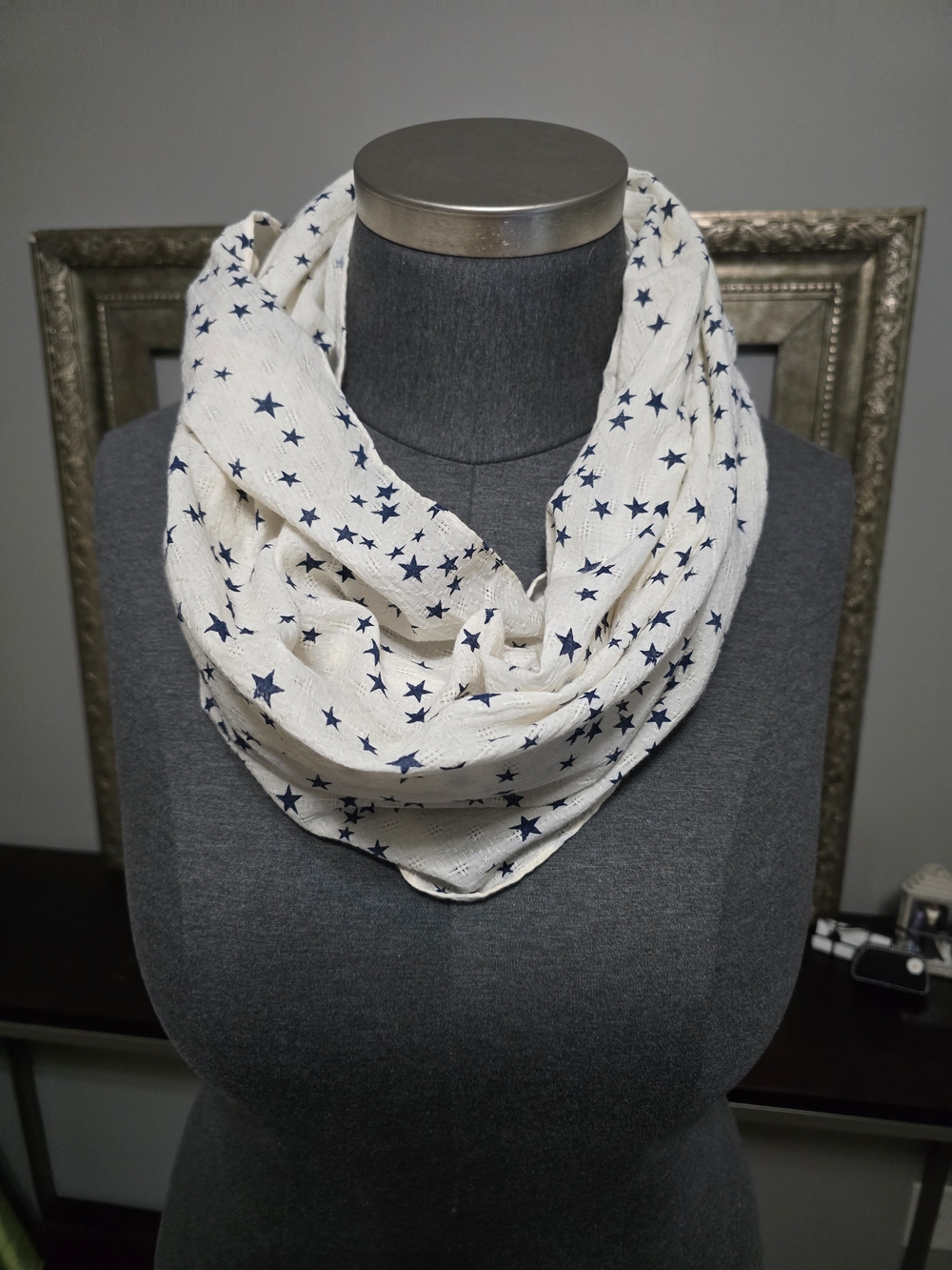 Cream Infinity Scarf with Navy Star Print